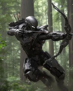 a futuristic man in the woods with an arrow