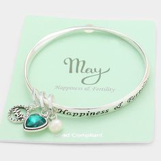 Color : Antique Silver, Emerald Theme : Heart, Message, Pearl Size : 1" H Id : 2.5" D May - Emerald 'Happiness & Fertility' May Heart Birthday Stone Bracelet Birth Stone Bracelet, Fertility Bracelet, Heart Birthday, Birthday Stone, Message Bracelet, Metal Cuff Bracelet, May Birthday, Birthday Bracelet, Gems Bracelet