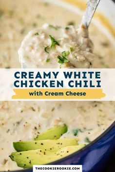 creamy white chicken chili with cream cheese is an easy and delicious side dish that's ready in under 30 minutes