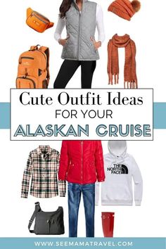 a woman wearing winter clothes and boots with text overlay that reads cute outfit ideas for your alaskan cruise