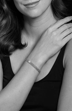 Designed to comfortably rest against your wrist for a lifetime of daily wear, this textured bracelet features Caviar beading and pavé diamond stations. 1/4" x 3/8" setting Push clasp closure Total diamond weight: 0.12ct. Sterling silver/diamond Imported >Diamond Guide Classic White Gold Diamond Bracelet With Oyster Clasp, Classic White Gold Diamond Oyster Bracelet, Classic Diamond Oyster Bracelet, Timeless Bracelets With Pave Setting, Timeless Pave Setting Bracelets, Timeless Bracelet With Pave Setting, Classic Everyday Luxury Tennis Bracelet With Pave Setting, Fine Jewelry Diamond Bracelets With Oyster Clasp, Fine Jewelry Diamond Bracelet With Oyster Clasp