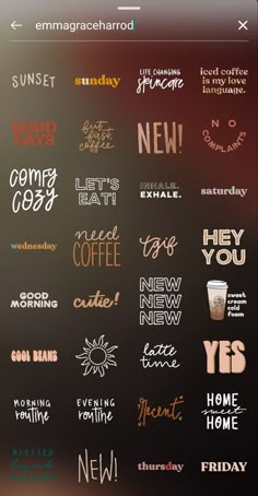 an iphone screen with different types of stickers on it, including coffee and new year's eve