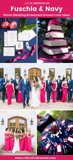 a collage of photos showing different types of wedding dresses and colors, including fuschia and navy