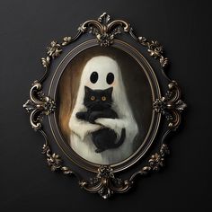 a painting of a ghost holding a black cat in front of it's face