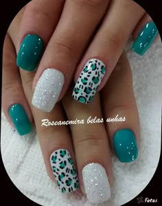 Teal and white leopard Early March Nails, Nail Ideas For Vegas, August Nails, Teal Nails, Cheetah Nails, Leopard Print Nails, Dip Nails, Leopard Nails