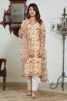 Cream pure chanderi kurta with yellow and pink floral digital print. Comes with dyed pant and a pure organza dupatta with magzi and dori patti hand embroidery. - Aza Fashions Unstitched Yellow Mulmul Sharara, Yellow Unstitched Mulmul Sharara, Yellow Mulmul Sharara With Dabka Work, Yellow Sharara With Dabka Work In Mulmul, Yellow Chanderi Lawn Suit For Navratri, Yellow Mulmul Palazzo Set With Zari Work, Yellow Mulmul Palazzo Set With Dabka Work, Yellow Palazzo Set With Dabka Work In Mulmul, Traditional Raw Silk Lawn Suit In Yellow