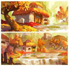 two paintings of trees and houses in the fall