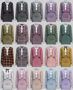 many different colored plaid shirts with ties and bows on the collars, all in various colors