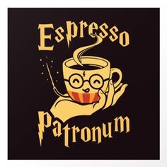 a coffee cup with the words espresso patronum on it, and a hand holding