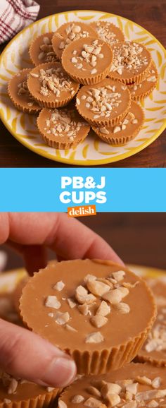 peanut butter cupcakes on a yellow and white plate with peanuts in the middle