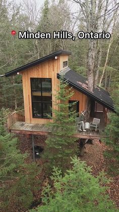 a small cabin nestled in the woods surrounded by trees and shrubs with an open porch