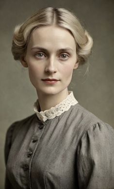 a woman with blonde hair and blue eyes wearing a gray dress is looking at the camera