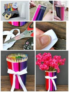 the collage shows different colored pencils and flowers in a vase with ribbon tied around them