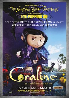 the poster for coraline is shown in front of an image of a creepy house