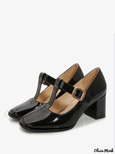 Olivia Mark - Classic Womens Square Toe T-Strap Chunky Heel Pumps: Vintage-inspired Footwear Black Chunky Heels, Chunky Heel Pumps, Platform High Heel Shoes, Black Pumps Heels, Mary Jane Shoes Womens, Mary Jane Pumps, Strap Pumps, Fabulous Shoes, Thick Heels