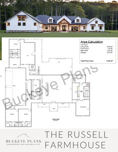 the russell farmhouse house plan is shown in blueprints and has two story rooms