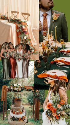 a collage of photos with people dressed in different outfits and flowers on them, including an orange flower arrangement