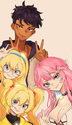 some anime characters with pink hair and blue eyes posing for the camera, one is pointing at