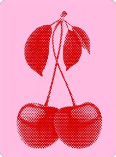 two cherries on a pink background with halftoned dots in the shape of hearts