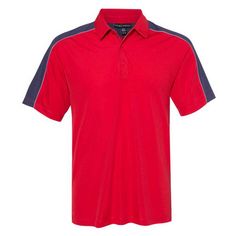 a red and blue polo shirt with two contrasting stripes on the collar, front and back