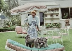 a woman standing next to two dogs on top of a lawn