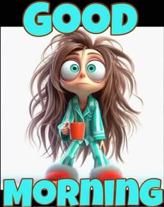 a cartoon character holding a cup with the words good morning on it and an image of a