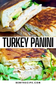 two pictures with the words turkey panini on them