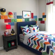 a child's bedroom decorated in lego blocks