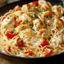 pasta with chicken and tomatoes in a skillet on a wooden table top, ready to be eaten