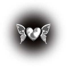 two silver hearts with wings on a black and white background