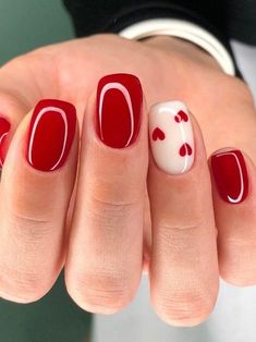 glossy, short red nails with hearts Short Red Nails, Nails Styles, Red Gel Nails, Cute Gel Nails, Short Nail Designs