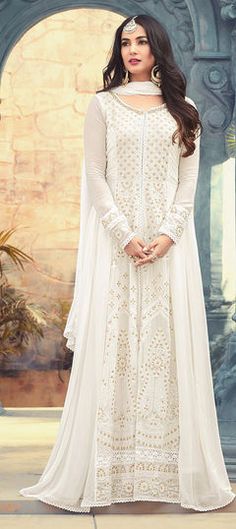 White and Off White color Salwar Kameez in Georgette fabric with Embroidered, Stone, Thread, Zari work White Churidar With Resham Embroidery, Fitted White Churidar With Intricate Embroidery, White Fitted Churidar With Intricate Embroidery, White Unstitched Suit With Intricate Embroidery For Eid, White Long Sleeve Churidar With Intricate Embroidery, White Georgette Unstitched Suit With Intricate Embroidery, White Embroidered Georgette Churidar, White Georgette Salwar Kameez With Pallu, White Embroidered Unstitched Suit With Long Sleeves