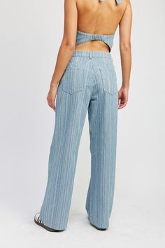 Part of our striped denim set. Denim mid rise wide leg pants. Wear with our matching Denim Top Recommended sizing 2-4 S, 6 M, 8-10 L MODEL WEARS SIZE SMALLMODEL'S HEIGHT 5'9 Fabric Contents: 100% COTTON Two Piece Set Pants, Sweater Collection, Vegan Fashion, Friend Outfits, Leg Design, Wide Leg Denim, Denim Pant, Denim Top, Wide Leg Jeans