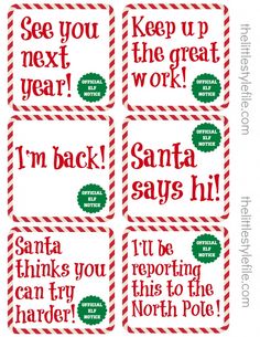 four red and green christmas gift tags with words that say i'm back, santa says