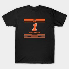 a black t - shirt with the number one in orange and red stripes on it