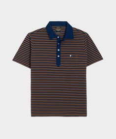 Indigo Stripe Pique Polo in Faded Brick Navy Casual Polo Shirt With Striped Collar, Sweatshorts Shorts, Polo Coat, Tuxedo Shirt Dress, Pique Fabric, Linen Suits, Linen Tshirts, Sneaker Dress Shoes, Linen Shop