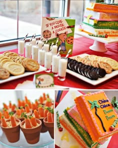 a collage of pictures showing different foods and desserts on display at a children's birthday party