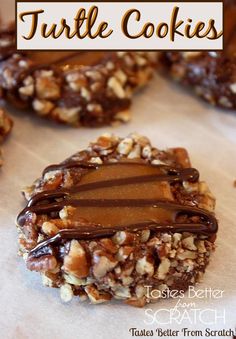 chocolate covered cookies with nuts and caramel drizzle