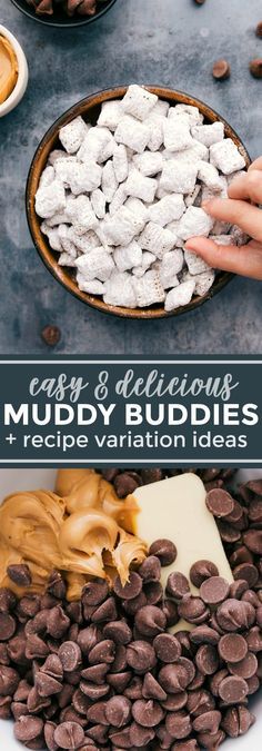 chocolate and marshmallow muddy buddies recipe with text overlay that reads easy & delicious muddy buddies recipe variation ideas