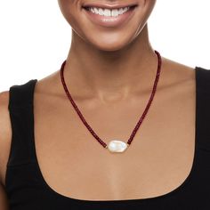 Ross-Simons - 24x13mm Cultured Baroque Pearl, 70.00ct t. w. Ruby Bead Necklace, Gold Over Sterling. 18". Perfect for elevating jeans and a white tee, this stylish necklace features a 24x13mm cultured freshwater baroque pearl centerpiece on a richly hued strand of 70.00 ct. t. w. rondelle faceted ruby beads. Finishes with an 18kt yellow gold over sterling silver lobster clasp and 2" extender. Ruby bead and white pearl necklace. Pearl birthstones are the perfect gift for June birthdays. Pearl Centerpiece, Pearl Birthstone, Ruby Beads, White Pearl Necklace, Stylish Necklace, Necklace Pearl, Fine Jewellery Necklace, White Tee, Baroque Pearls