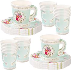 a set of six tea cups and saucers with floral designs on the rims