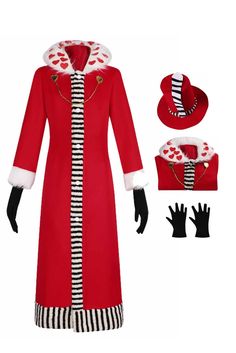 a red coat with black and white stripes on the collar, cuffs, and mittens