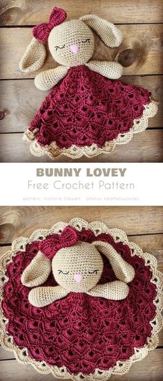 a crocheted bunny is sitting on top of a doily with the words bunny lovey written below it