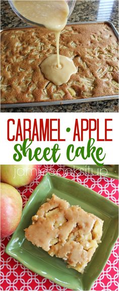 caramel apple sheet cake with apples in the background and an image of it being drizzled