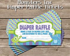 some paper raffle tickets are stacked on top of each other with the words,'monsters inc diaper raffle tickets '