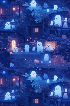 cute ghost, pattern, black, halloween, night, house, ghost, kawaii, ghost halloween, landscape, light, boo, cute halloween, bianca47 Cute Ghosts Aesthetic, Beautiful Halloween Wallpaper, Halloween Wallpaper Kawaii, Halloween Cute Background, Halloween Digital Art Ideas, Cute Ghosts Wallpaper, Desktop Wallpaper Witchy, Halloween Theme Art, Cute Night Wallpaper