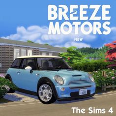 a small blue car parked in front of a house with the words breeze motors on it