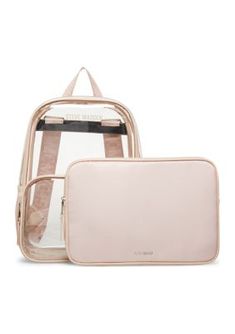 Designed with an interior laptop sleeve and side beverage pouch, this clear backpack from Steve Madden is perfect for back to campus or travel. | Steve Madden Women's Clear Backpack with Tech Pouch Clear Backpack, Tech Pouch, Back Strap, Handbag Backpack, Laptop Sleeve, Laptop Sleeves, Backpack Bags, Side Zipper, Steve Madden