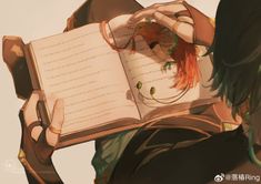 an anime character is reading a book