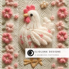 a knitted chicken sitting on top of a blanket with pink flowers around it and the words sequina designs written below